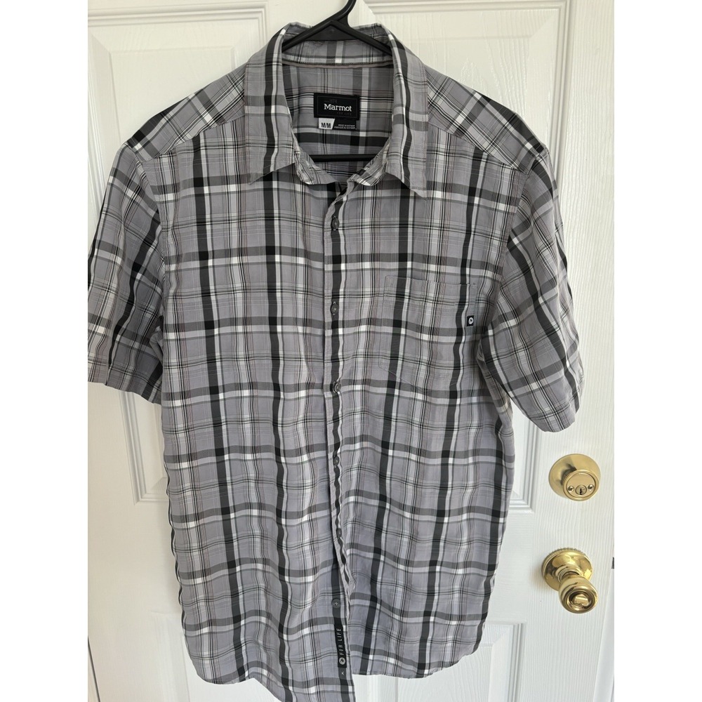 Marmot Mens Plaid Button Up Shirt Size M Gray Lightweight Outdoor Hiking Camping - Picture 1 of 9